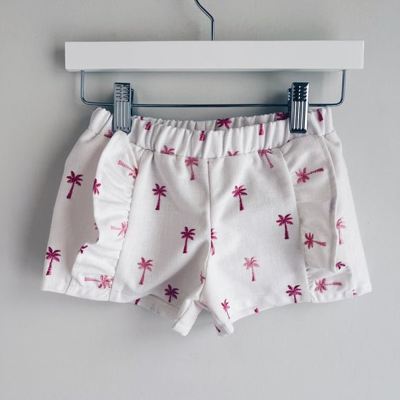 Linen Embroidered Palms Ruffle Shorts