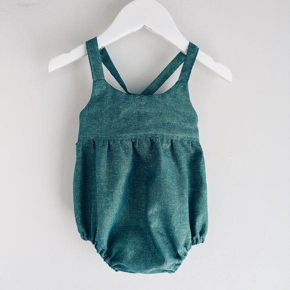 Bella Romper in shimmery green linen