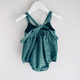 Bella Romper in shimmery green linen